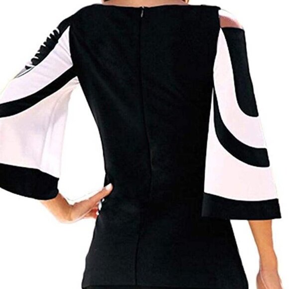 Women Blouses and Tops Black White Colorblock Bell Sleeve Cold Shoulder Top Shir - Picture 2 of 2